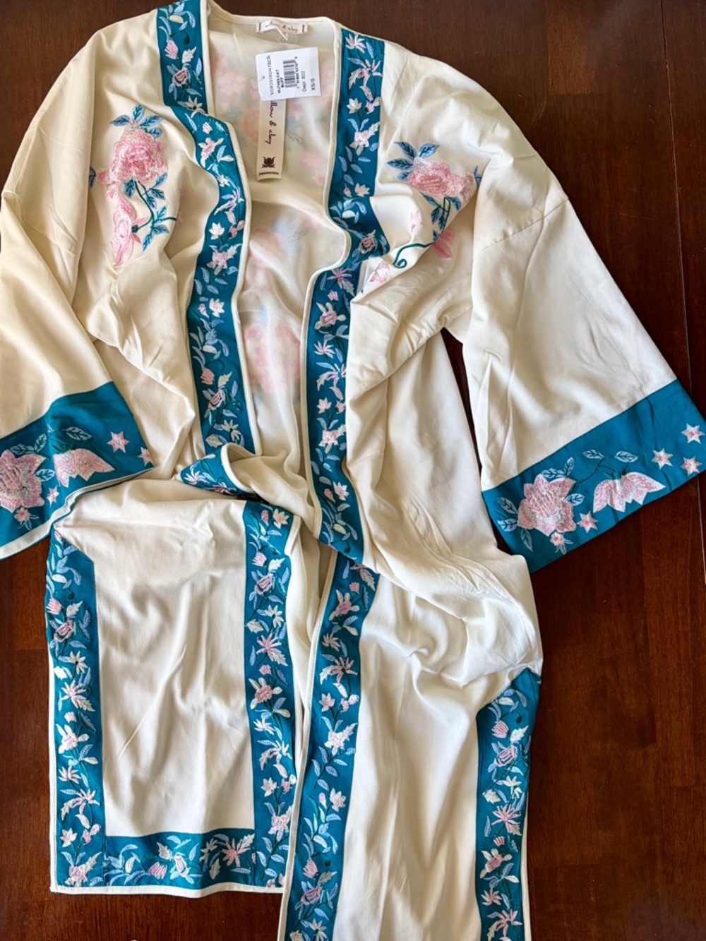 Willow & Clay Cream Robe with Teal Floral Trim
